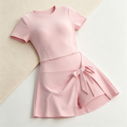 Pink Short‑Sleeve Bodysuit With Tie‑Wrap Skort Active Set - Image 3
