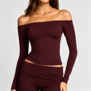 Burgundy Off‑Shoulder Long Sleeve Fitted Top - Image 2