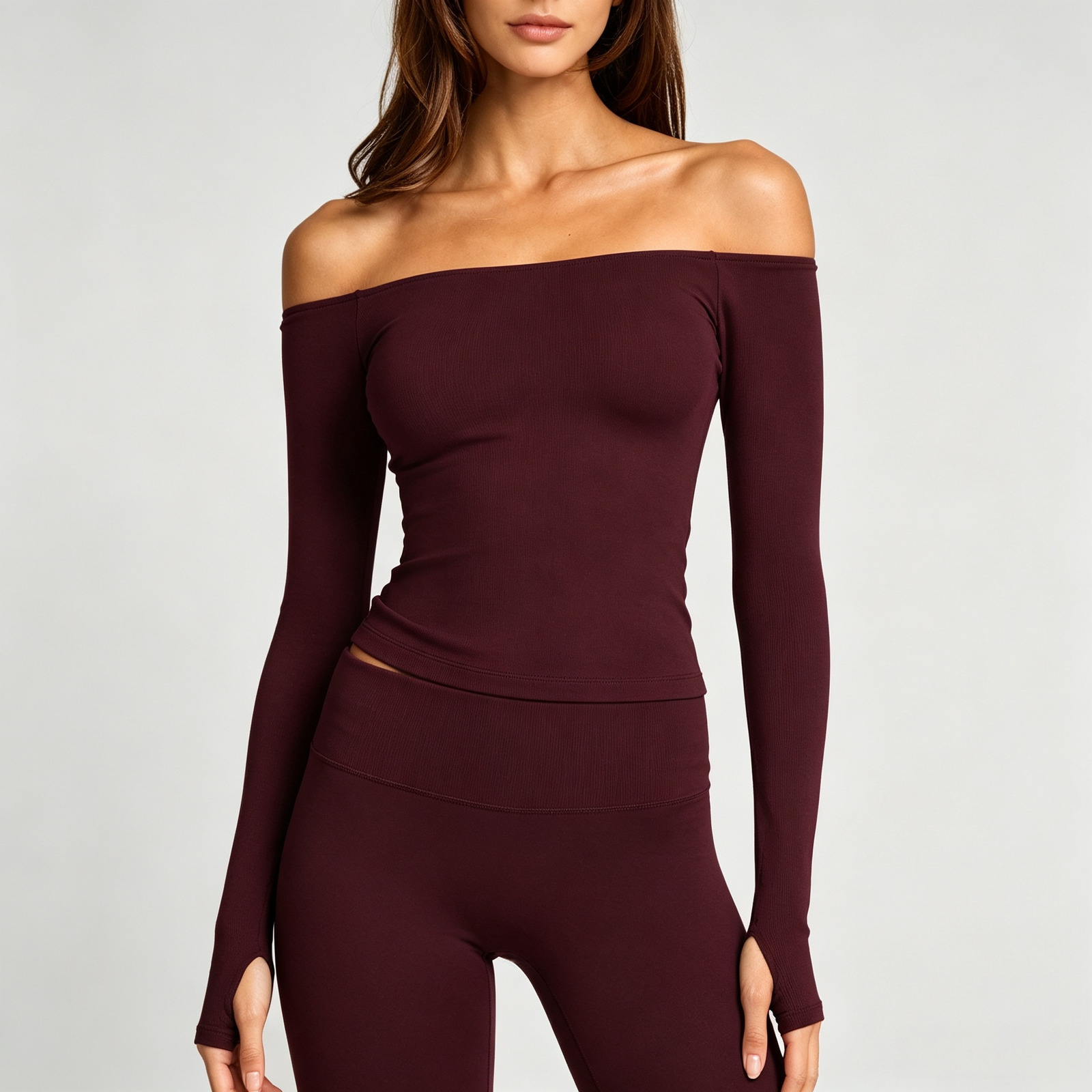 Burgundy Off-Shoulder Long Sleeve Top
