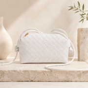 White Woven Leather Crossbody Shoulder Handbag - Image 3