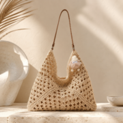 Crochet Straw Tote Bag With Cute Plush Charm - Image 2