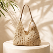 Crochet Straw Tote Bag With Cute Plush Charm - Image 3