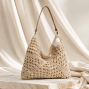 Crochet Straw Tote Bag With Cute Plush Charm - Image 4