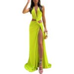 Neon Green Deep V Cutout Twist Slit Maxi Evening Gown