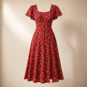 Red Floral Square Neck Flutter Sleeve Midi Dress - Image 4
