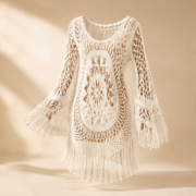 White Crochet Fringe Beach Cover Up Tunic - Image 2