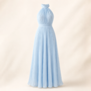 Light Blue Halter Neck Pleated Maxi Evening Dress - Image 2