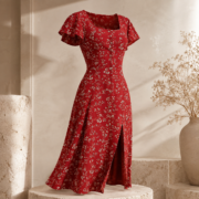 Red Floral Flutter Sleeve Dress