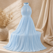 Light Blue Halter Neck Pleated Maxi Evening Dress - Image 3