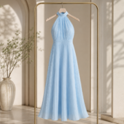 Light Blue Halter Neck Pleated Maxi Evening Dress - Image 4