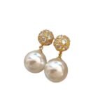 Crystal Ball Pearl Drop Gold‑Tone Dangle Earrings