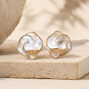 Gold‑Trimmed Shell Swirl Floral Stud Earrings - Image 2
