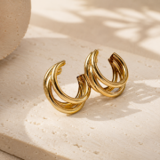 Gold Tone Triple Layer Hoop Statement Earrings - Image 3