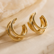 Gold Tone Triple Layer Hoop Statement Earrings - Image 4