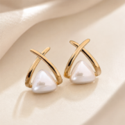 Geometric Cross‑Frame Pearl Stud Earrings - Image 2