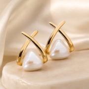 Geometric Cross‑Frame Pearl Stud Earrings - Image 4