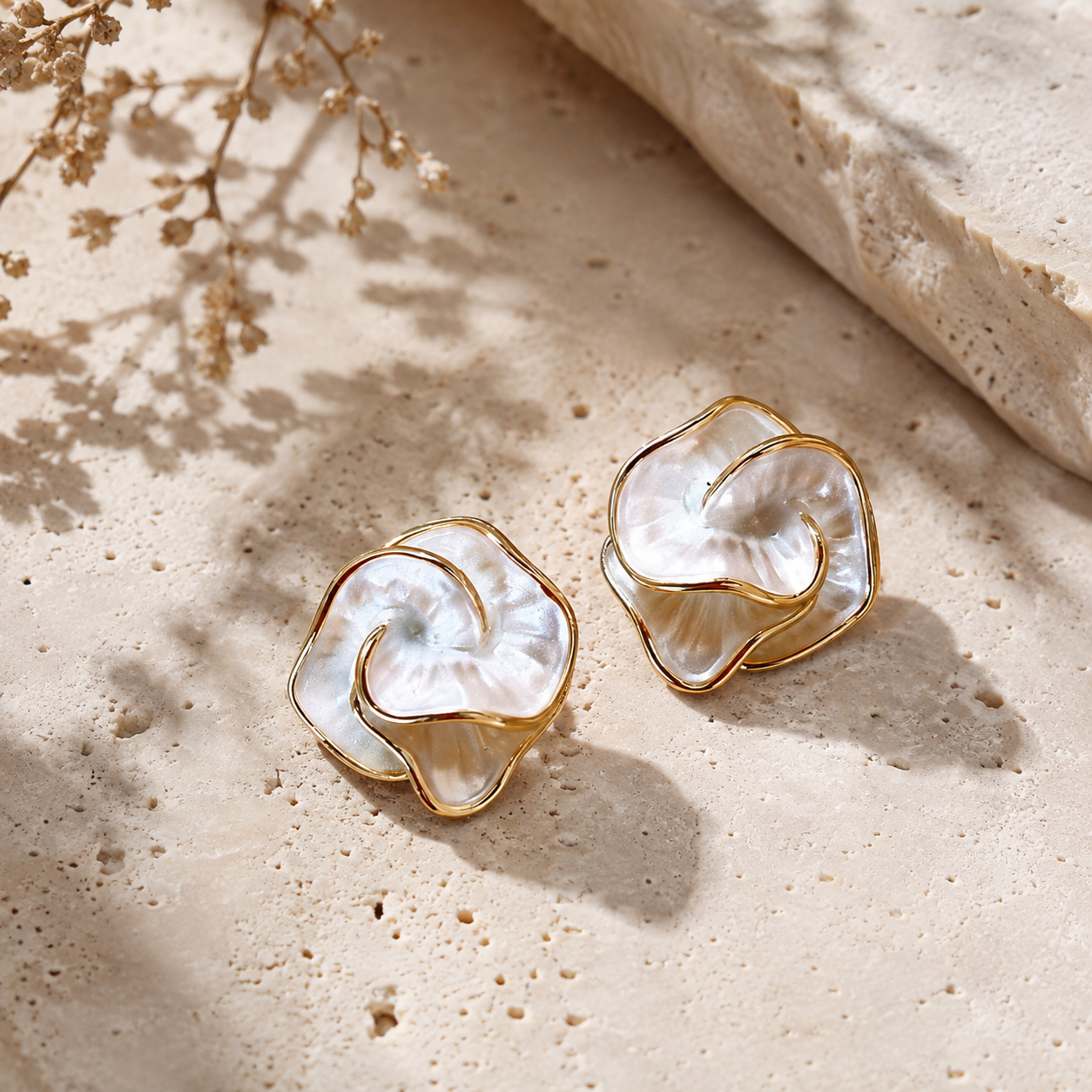 Gold Shell Swirl Floral Earrings
