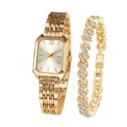 Gold‑Tone Rectangular Watch With Rhinestone Bracelet Set