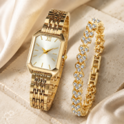 Gold‑Tone Rectangular Watch With Rhinestone Bracelet Set - Image 2
