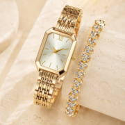 Gold‑Tone Rectangular Watch With Rhinestone Bracelet Set - Image 3