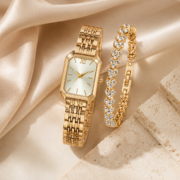 Gold‑Tone Rectangular Watch With Rhinestone Bracelet Set - Image 4