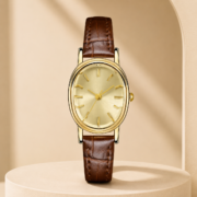 Vintage Oval Gold Dial Brown Leather Women Watch - Image 2