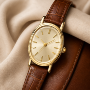 Vintage Oval Gold Dial Brown Leather Women Watch - Image 3
