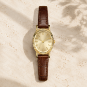 Vintage Oval Gold Dial Brown Leather Women Watch - Image 4