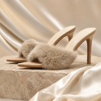 Beige Furry Stiletto Slide Heels