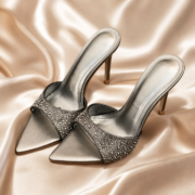 Gunmetal Rhinestone Embellished Pointed Toe Mule Heels - Image 4
