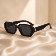 Black Geometric Rectangle Sunglasses with Gold Metal Accent - Image 2