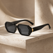 Black Geometric Rectangle Sunglasses with Gold Metal Accent - Image 3