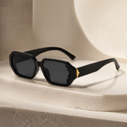 Black Geometric Rectangle Sunglasses with Gold Metal Accent - Image 4