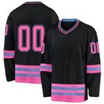 Black Pink‑Blue Striped Long Sleeve Hockey Jersey